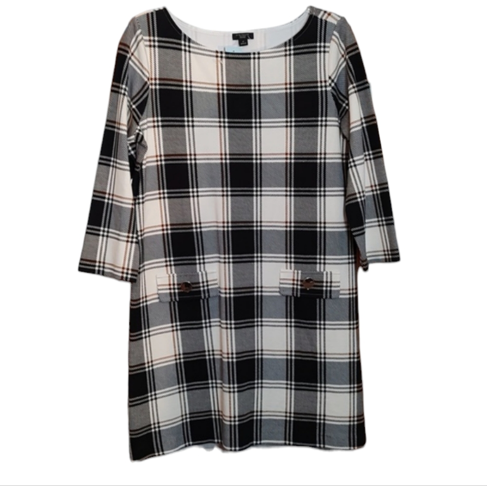 New Ann Taylor Plaid Shift Dress w/ 3/4 Sleeves sz Medium Petite